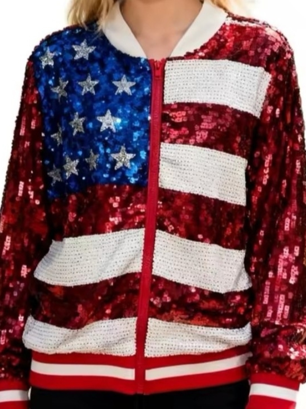 Sequined American Flag Bomber Jacket - Red, White & Blue - Picture 2 of 6